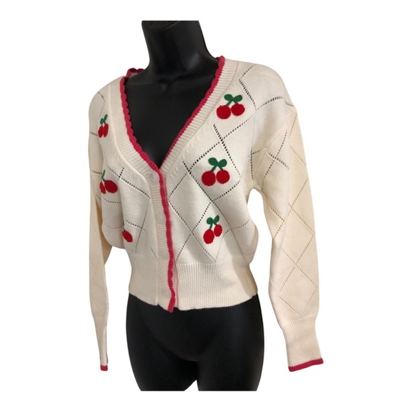 Jessica Simpson cream pink scalloped trim cherry embroidered cardigan size M new - Picture 15 of 17